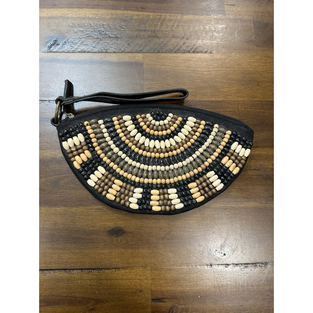Old Navy Wristlet Clutch Women One Size Black Beaded Boho Wood Zip Top Bag